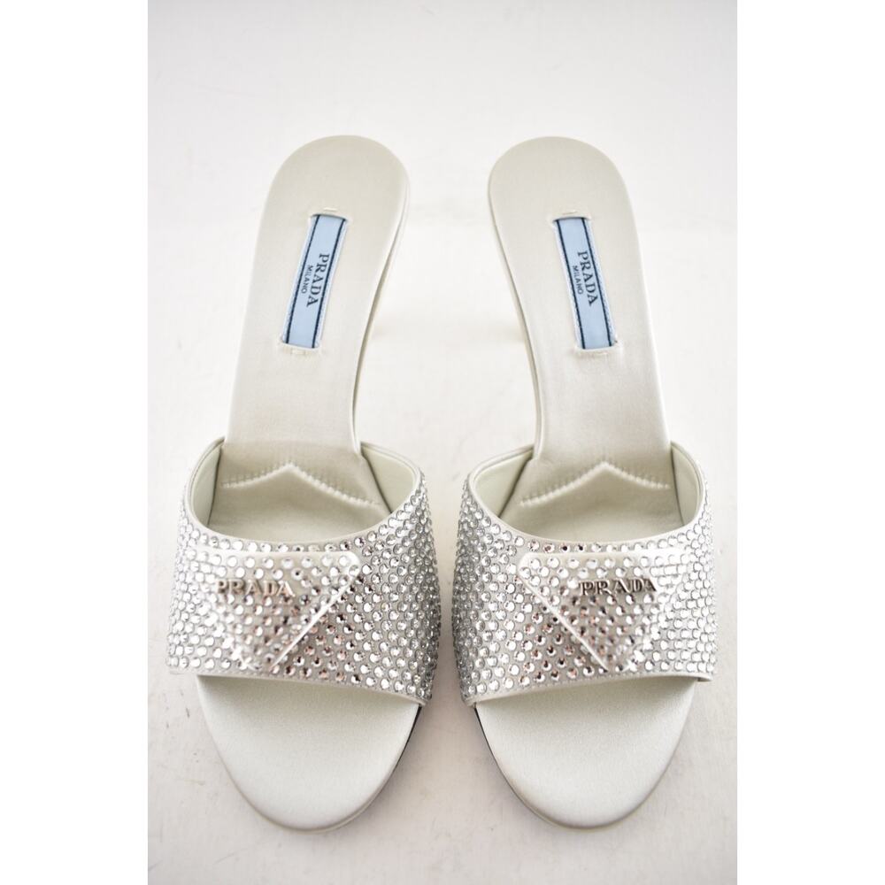 Prada Crystal Satin Stiletto Perla White Grey Backless Sandal Mule Heel Pump 36 - Picture 9 of 16